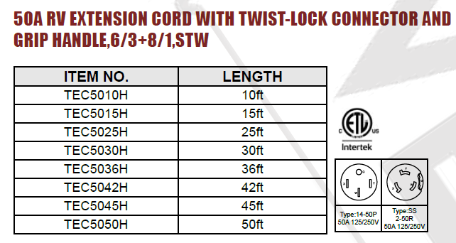 50A RV Extension Cord with Twist-Lock Connector and Grip Handle
