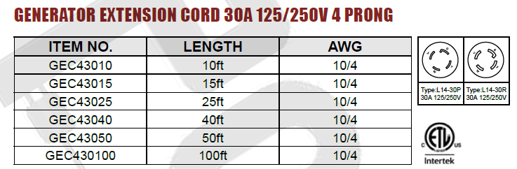 Generator Extension Cord 30A 125/250V 4 Prong