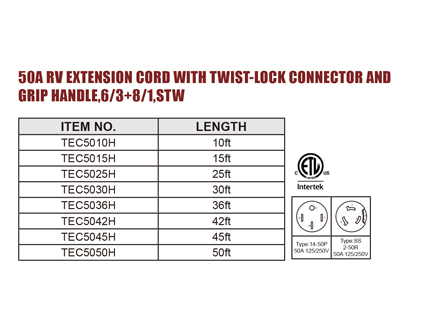 50A RV Extension Cord With Twist-Lock Connector And Grip Handle,6/3 8/1,STW