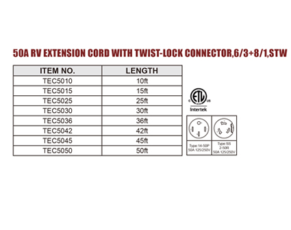 50A RV Extension Cord With Twist-Lock Connector,6/3 8/1,STW