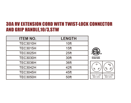 30A RV Extension Cord With Twist-Lock Connector And Grip Handle,10/3,STW