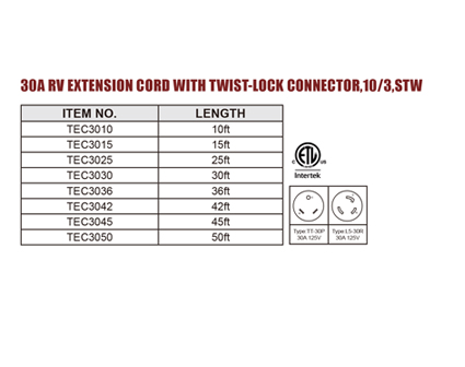 30A RV Extension Cord With Twist-Lock Connector,10/3,STW