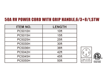 50A RV Power Cord With Grip Handle,6/3 8/1,STW