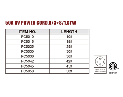 50A RV Power Cord,6/3 8/1,STW