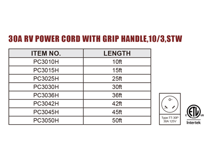30A RV Power Cord With Grip Handle,10/3,STW