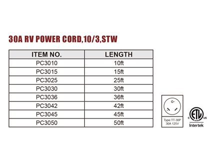 30A RV Power Cord,10/3,STW