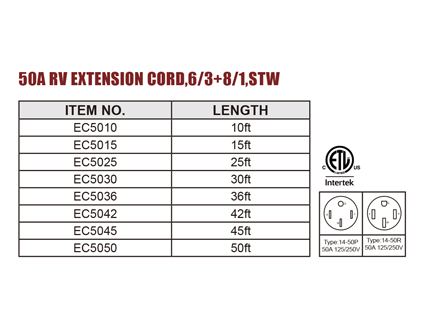 50A RV Extension Cord,6/3 8/1,STW