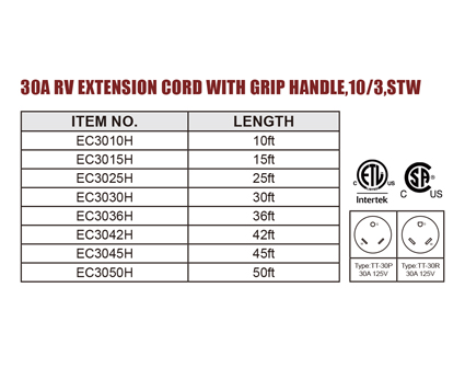 30A RV Extension Cord With Grip Handle,10/3,STW