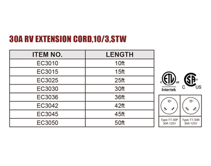 30A RV Extension Cord,10/3,STW