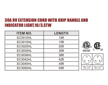 30A RV EXTENSION CORD WITH GRIP HANDLE AND INDICATOR LIGHT,10/3,STW