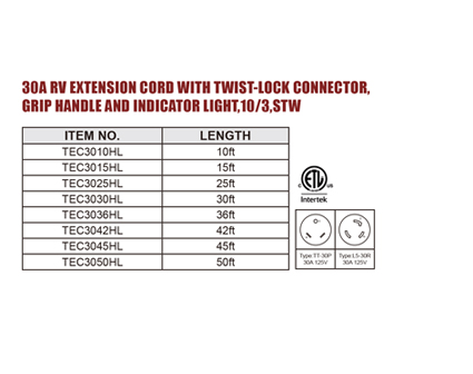 30A RV EXTENSION CORD WITH TWIST-LOCK CONNECTOR, GRIP HANDLE AND INDICATOR LIGHT,10/3,STW
