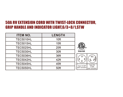 50A RV EXTENSION CORD WITH TWIST-LOCK CONNECTOR, GRIP HANDLE AND INDICATOR LIGHT,6/3 8/1,STW