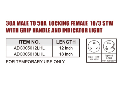 30A MALE TO 50A LOCKING FEMALE 10/3 STW WITH GRIP HANDLE AND INDICATOR LIGHT