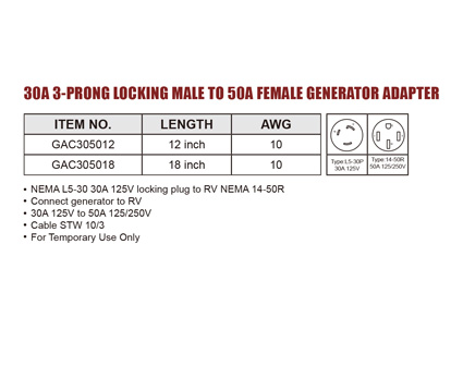 30A 3-Prong Locking Male To 50A Female Generator Adapter