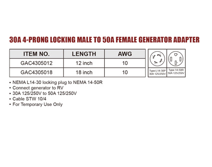 30A 4-Prong Locking Male To 50A Female Generator Adapter