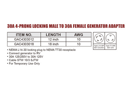 30A 4-Prong Locking Male To 30A Female Generator Adapter