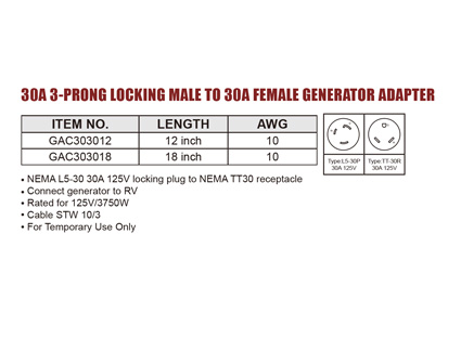 30A 3-Prong Locking Male To 30A Female Generator Adapter