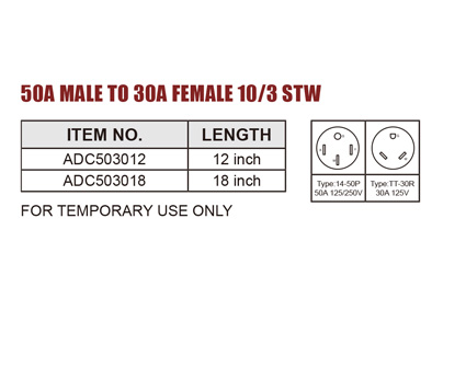 RV Adapter 50A Male To 30A Female 10/3 STW