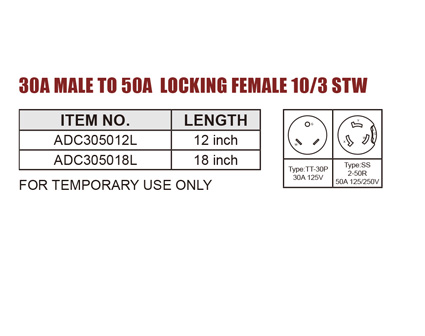 30A Male To 50A Female Locking Female RV Adapter 10/3 STW