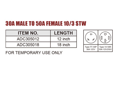 30A Male To 50A Female RV Adapter 10/3 STW