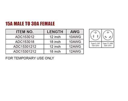 15A Male To 30A Female RV Adapter Extension Cord 12/3 STW