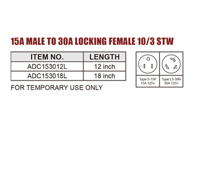 RV ADAPTER 15A MALE TO 30A LOCKING FEMALE 10/3 STW