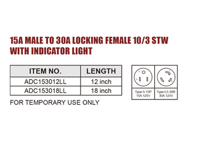 RV ADAPTER 15A MALE TO 30A LOCKING FEMALE 10/3 STW WITH INDICATOR LIGHT